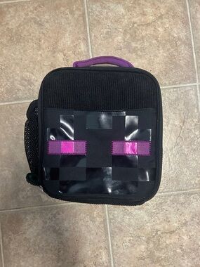 Minecraft Black Pixel Face Lunch Bag with Purple Accents